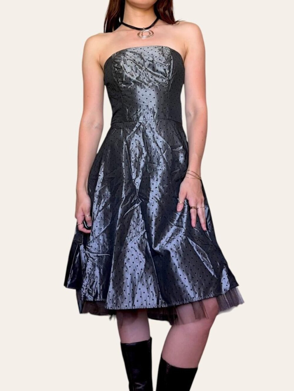 90s Rampage vintage strapless grunge silver black polka dot metallic party dress